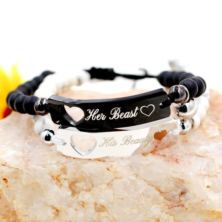 Her Beast and His Beauty Bracelet Set Couples Heart Bracelet Magnet Mutual Attraction Bracelets Distance Gifts for Women and Men
