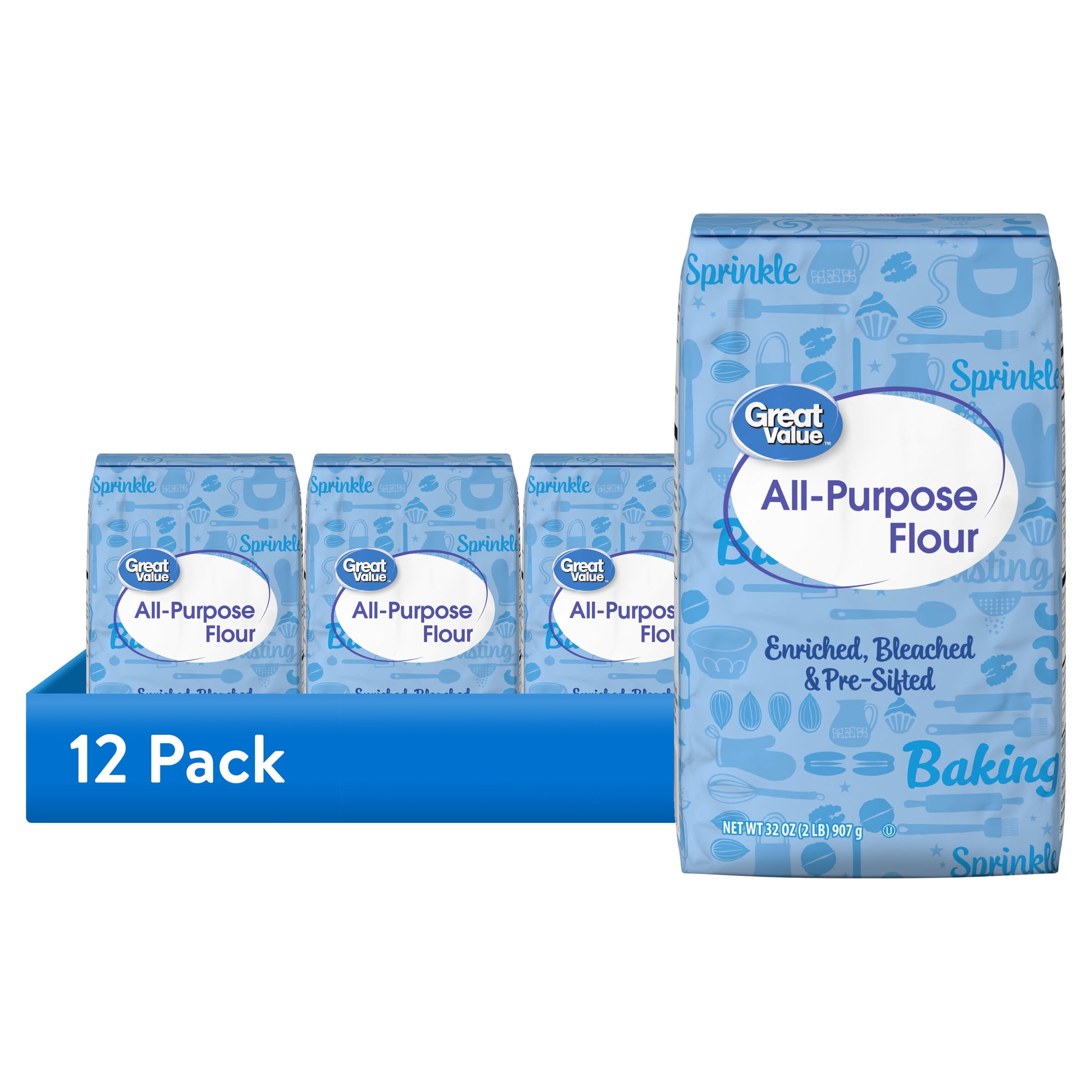 (12 pack) Great Value All-Purpose Enriched Bleached Flour, 2 lb Bag