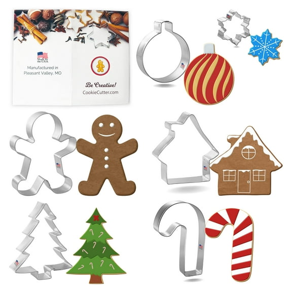 Foose Cookie Cutters 6 Piece Christmas Gingerbread Man House Set Candy Cane, Snowflake, Tree, USA