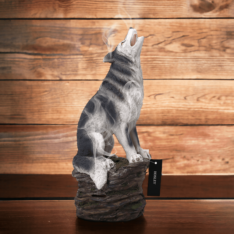 Hosley Resin Wolf Decor Statue/ Incense Cone Burner Smoking Wolf