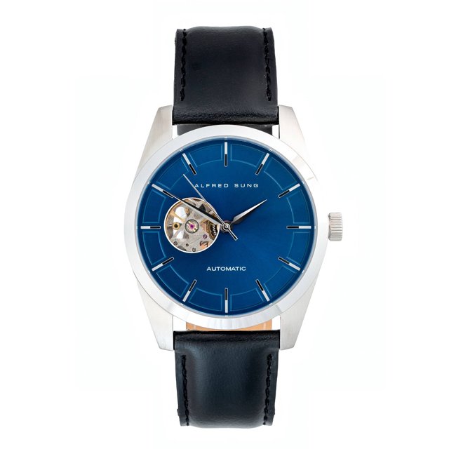 Alfred Sung Men's Automatic Silver Blue Open Heart Dial Leather Watch