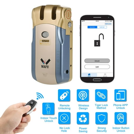 WAFU WF-010U Wireless Security Invisible Keyless Entry Door Intelligent Lock Home Smart Remote Control Lock iOS Android APP Unlocking with 4 Remote (Best Internet Radio App For Android)