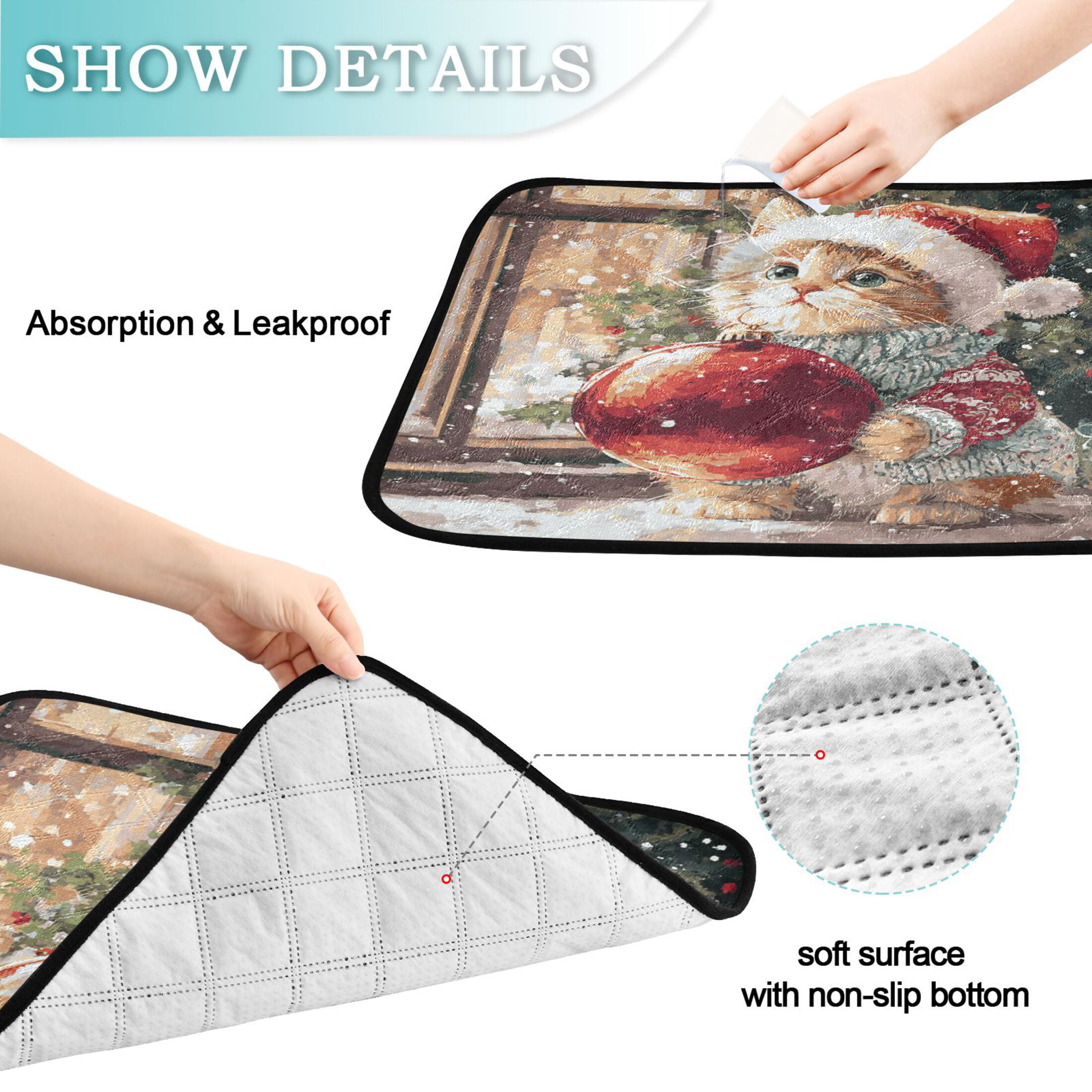 Qxltty Christmas Golden Tabby Cat Cat litter Pads Pet Set of 3 Diaper Mats Center Anti-leakage Layer Absorbent Soft and Comfortable