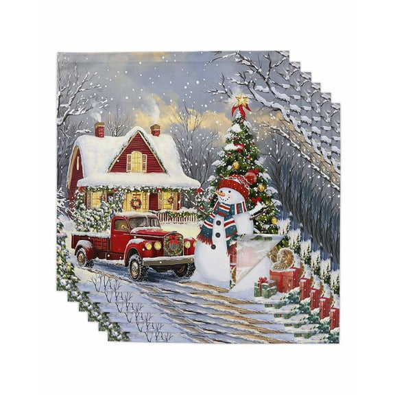 Farmhouse Christmas Cloth Napkins Set of 6, Snowman Xmas Truck Snowflake Washable Reusable Dinner Cocktail Napkin for Kitchen Party Wedding Banquet Holiday Baby Shower Table Decor