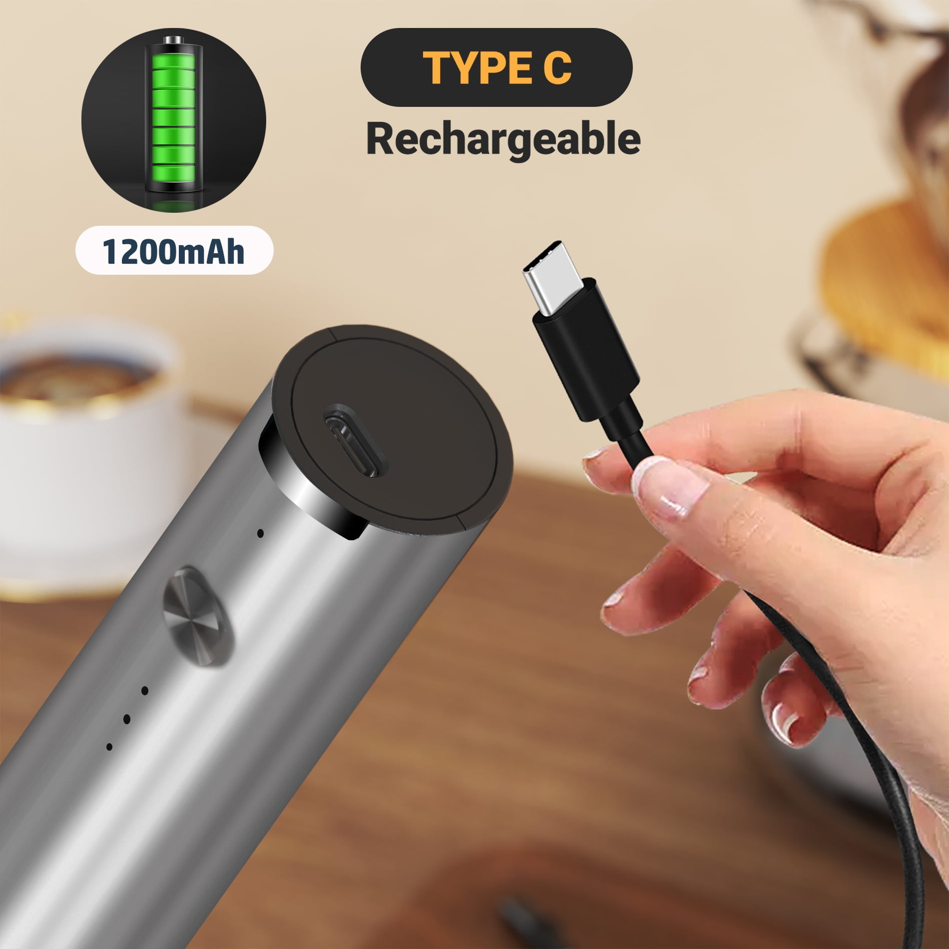 Milk Frother Handheld, Type C Rechargeable Electric Whisk Coffee Frother Mixer for Coffee, 3 mixing Speeds Mini Milk Foamer Drink Mixer with 2 Whisks for Coffee Matcha Frappe Latte Cappuccino