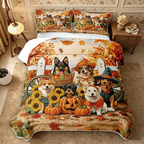 Erosebridal Fall Dogs Twin Quilt Set 2 Pieces,Cozy Autumn Twin Coverlet Set,Brown,1 Bedspread and 1 Pillowcase