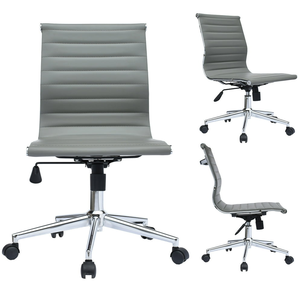 2xhome Gray Mid Century Modern Contemporary Executive Office Chair Mid back PU Leather No Arm