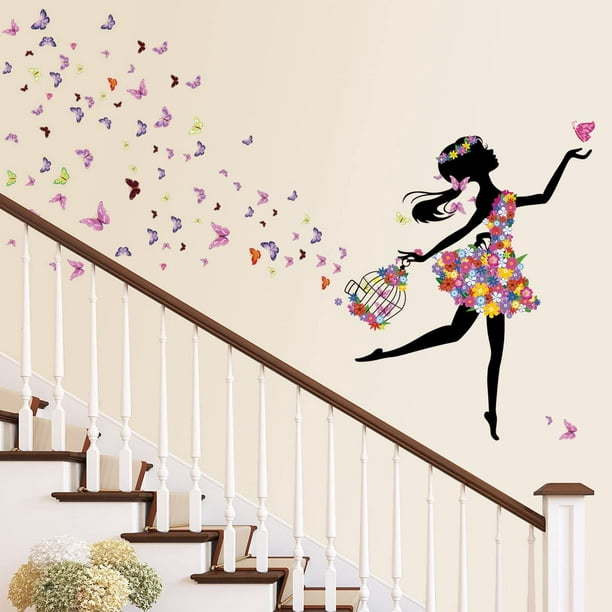 RW-85 Creative Fairy Girl Wall Decals 3D Flowers Fairy Butterfly