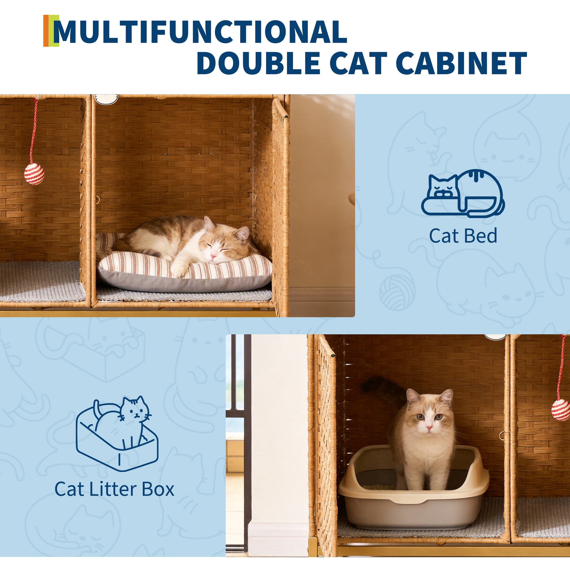 Rattan Double Cat Litter Box Enclosure - Hidden Cabinet for 2 Cats with Removable Mat, S-Shaped Hooks & Play Game - Decorative Large Cat Washroom Furniture for Living Room or Bedroom - Natural Color