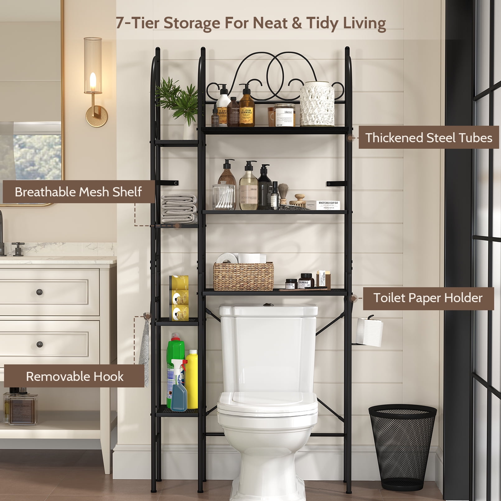 7-Tier Over the Toilet Storage Rack, Heavy-Duty Metal Bathroom Organizer with Adjustable Shelf, Dual Toilet Paper Holders, Side Hooks, Space Saver for Small Bathroom Storage, Black