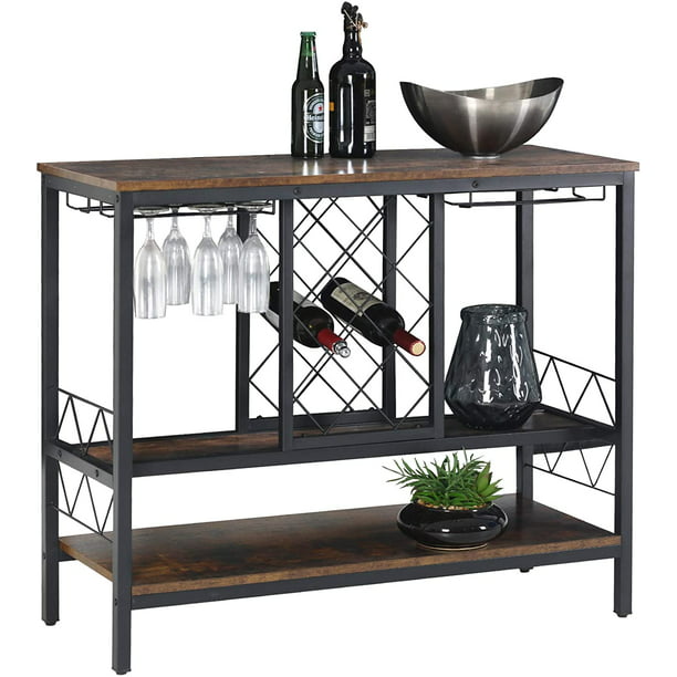 WAYTRIM Wine Rack Table with Glass Holder, Vintage Industrial Wine Bar  Cabinet with Storage, Wine Storage Organizer Display Stand - Brown