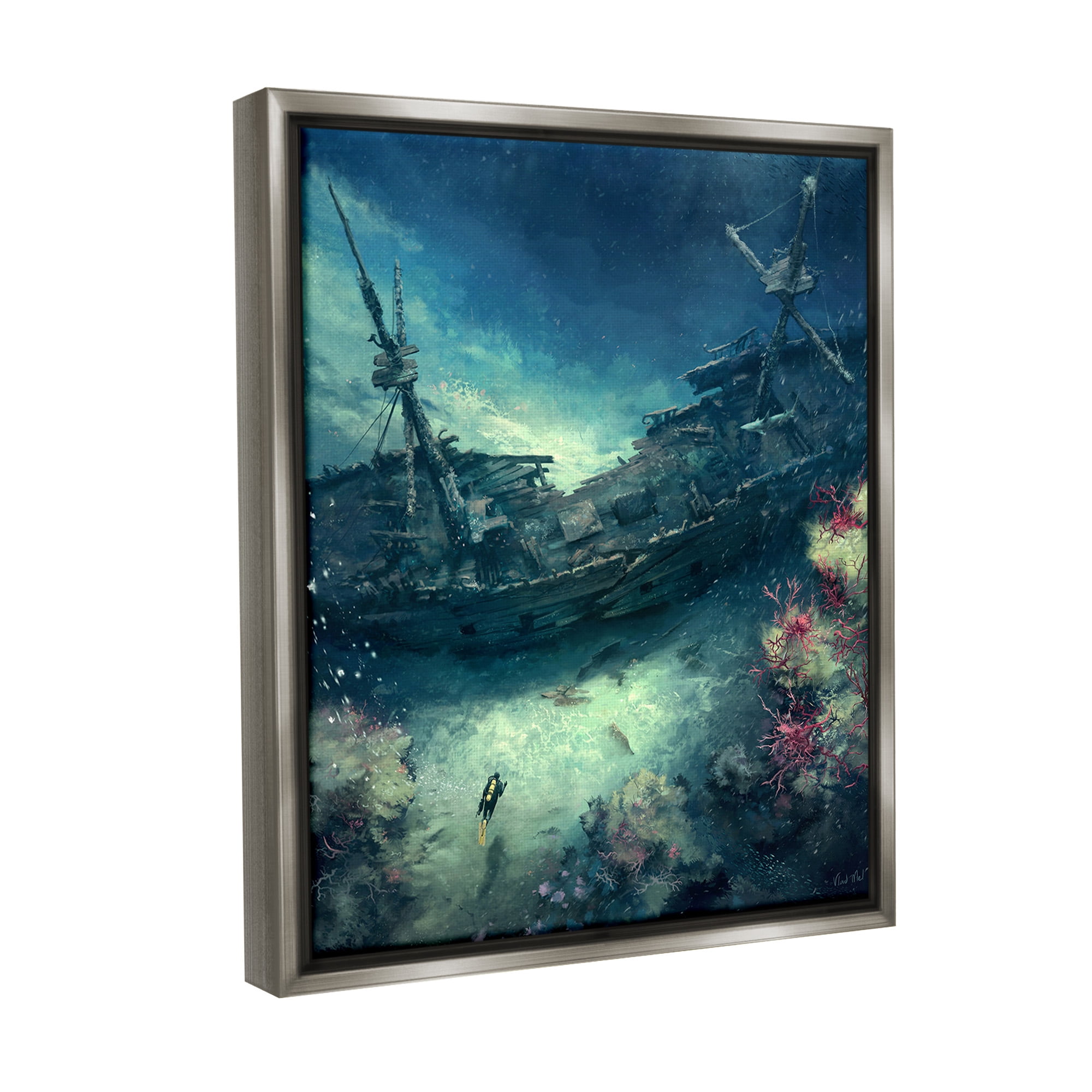 Stupell Industries Deep Sea Shipwreck Transportation Painting Gray Floater Framed Canvas Art Print Wall Art, 17 x 21