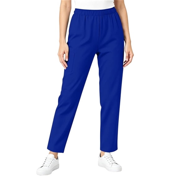 cocolona Womens Solid Color Loose Work Pants Elastic Waist Straight Wide Leg Work Uniform with Pockets