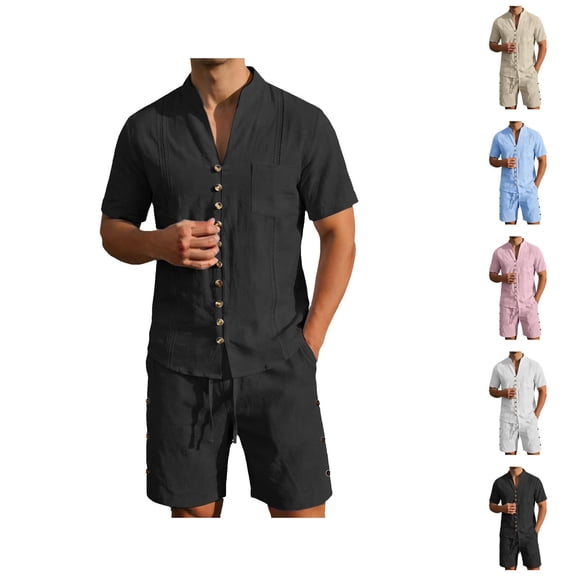 Short Sets for Men Cotton Linen Short Sleeve Button V Neck Stand Collar Shirt and Shorts 2 Piece Matching Set Summer Outfits