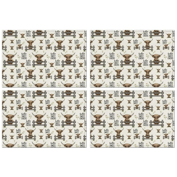 Beige Highland Cow Fence Daisy Pattern Summer Placemats Table Placemats Set Of 4-Linen Kitchen Washable Placemats Table Mats 11.8"x17.7" Non-Slip Heat Resistant