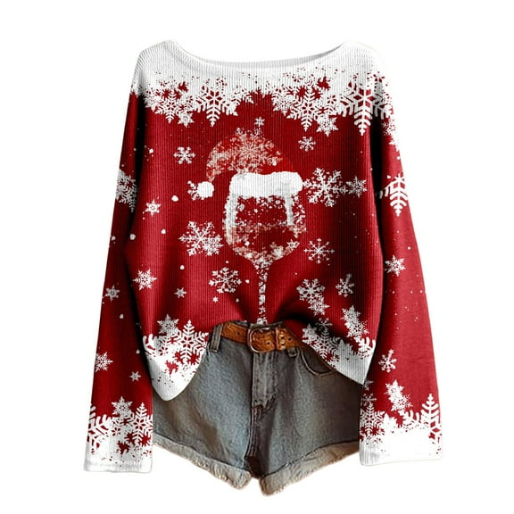 Fiaer Christmas Women T Shirts Crew Neck Long Sleeve Tshirts Loose Fit Plus Size Glass Fashion Xmas Tops Red1 XL