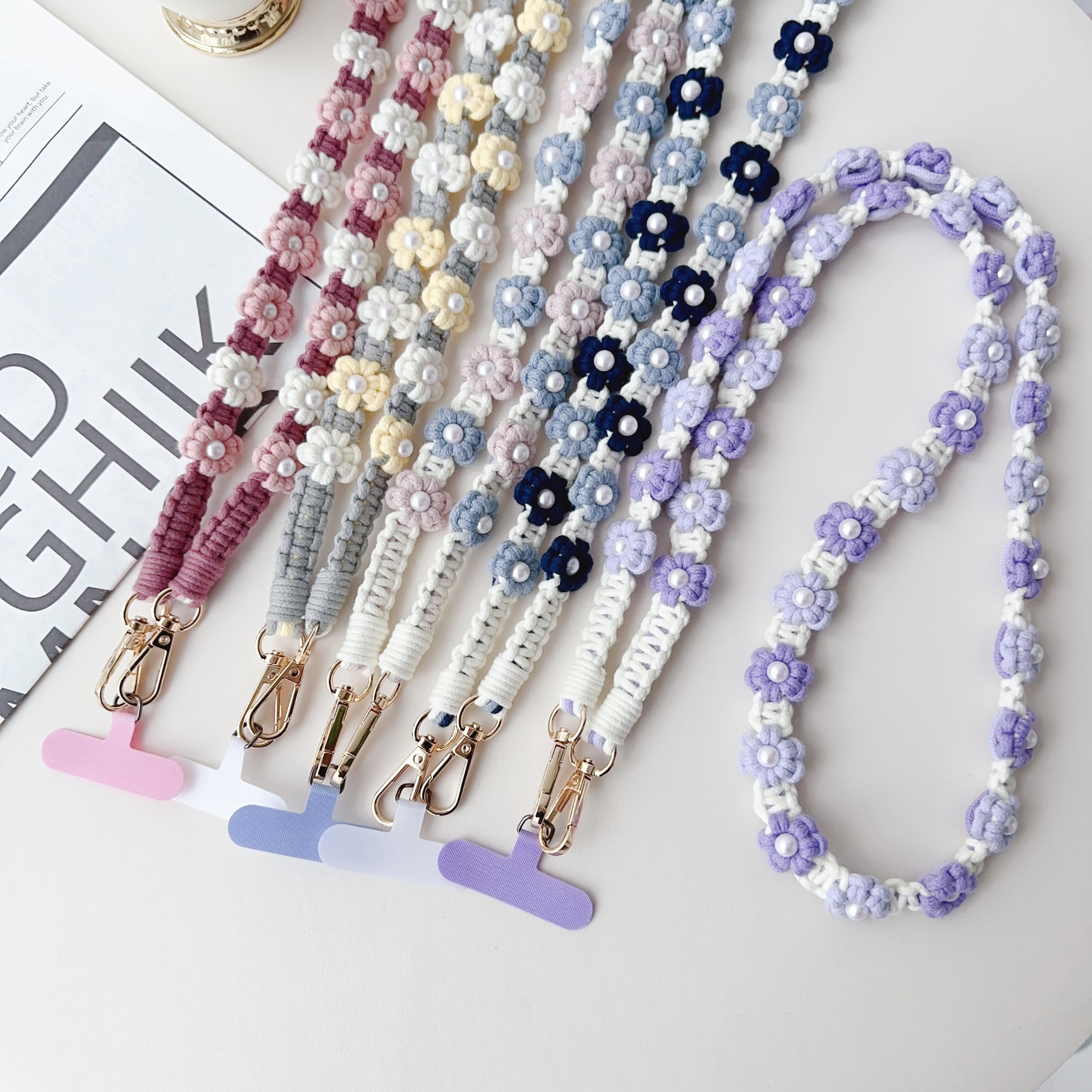 ELEHOLD Phone Crossbody Chain CellPhone Lanyard Strap,Universal Phone Chain Strap with Tether Patches Compatible with Most Phones,Purple Purple White