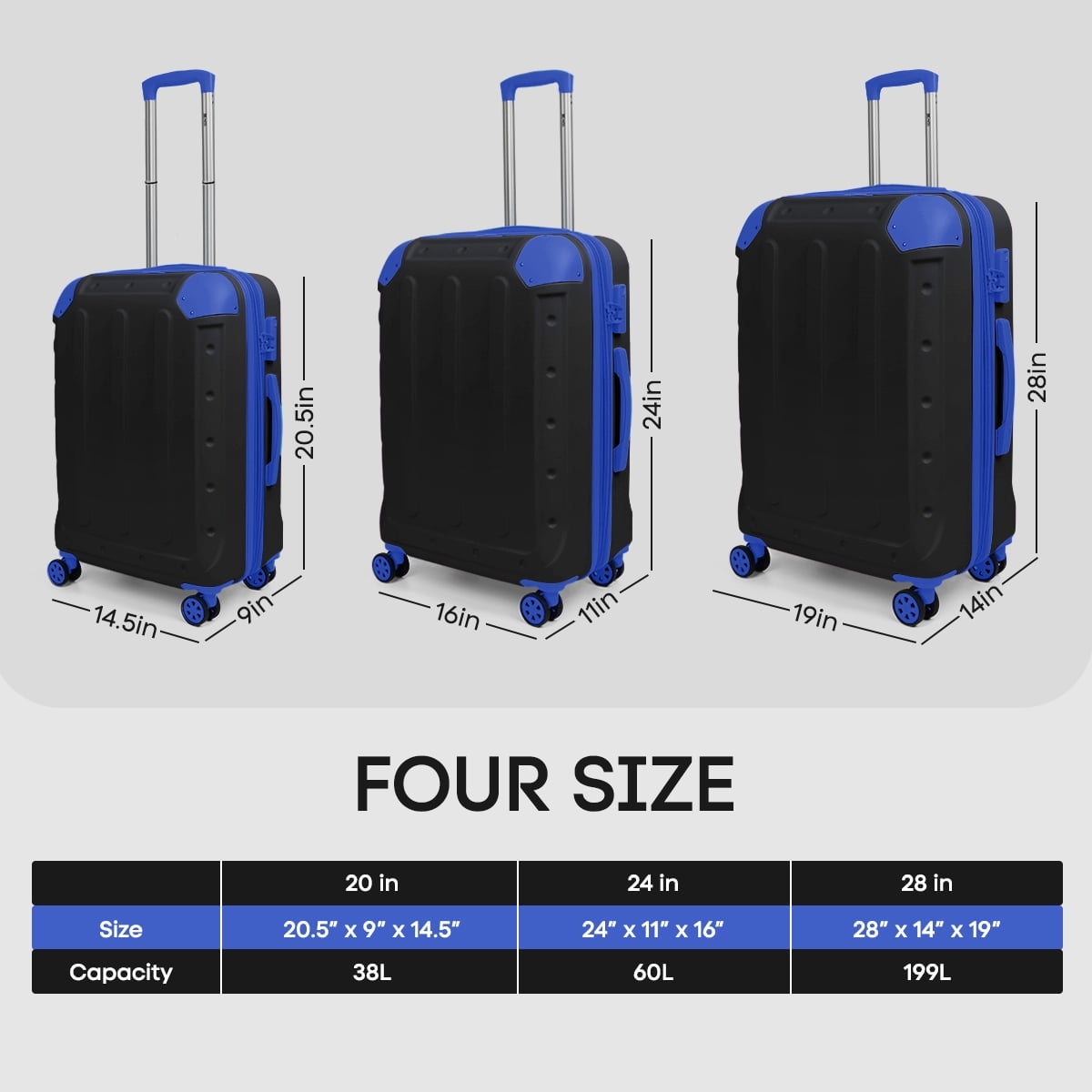 3 Piece Hardside Luggage Set, Expandable ABS Spinner Suitcases (20/24/28) – Lightweight & Scratch-Resistant Travel Luggage, Black/Blue -EL2401