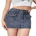 thumbnail image 3 of Women Mini Denim Skirts  Summer Rhinestone High Waist Flap Pocket Short Jean Skirts, 3 of 6