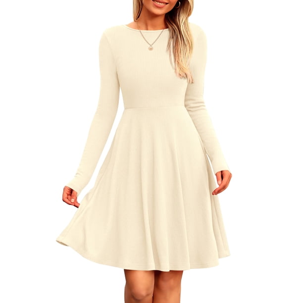 Vestido PRETTYGARDEN de punto acanalado beige, manga larga, corte en A, talla M