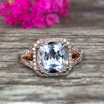 7mm Cushion Cut Shank Promise Ring 2.30 Carat Blue Aquamarine Engagement Ring Anniversary Gift On 10k Rose Gold Art Deco Halo Design