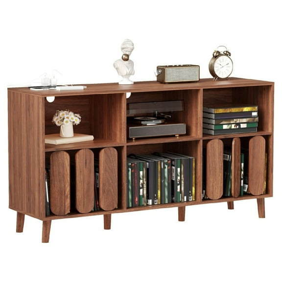 55" Large Record Player Stand | Mid-Century Modern Wood Media Console with Charging Station | Vinyl Record Storage Cabinet with 2 USB Ports, Open Shelves & Turntable Holder for Living Room