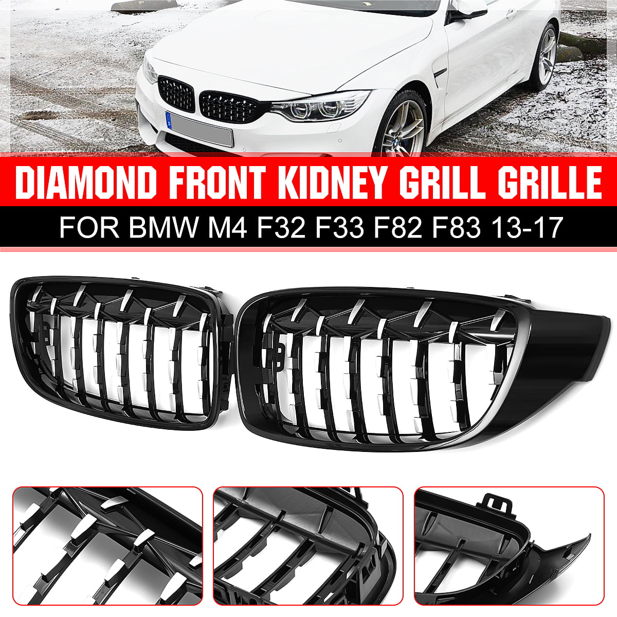 Front Kidney Grill Grilles Diamond Black&Chrome For BMW M4 F32 F33 F82 F83 13-17 