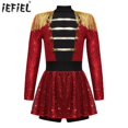thumbnail image 2 of Niños Niñas lentejuelas brillantes León Tamer Ringmaster disfraz de circo Halloween Cosplay vestido de fiesta manga larga borla lentejuelas mono, 2 of 5