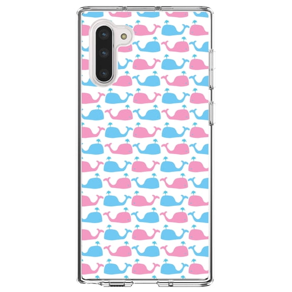 DistinctInk Clear Shockproof Hybrid Case for Samsung Galaxy Note 10 (6.3" Screen) - TPU Bumper, Acrylic Back, Tempered Glass Screen Protector - Blue Pink Cartoon Whales - Cartoon Whales