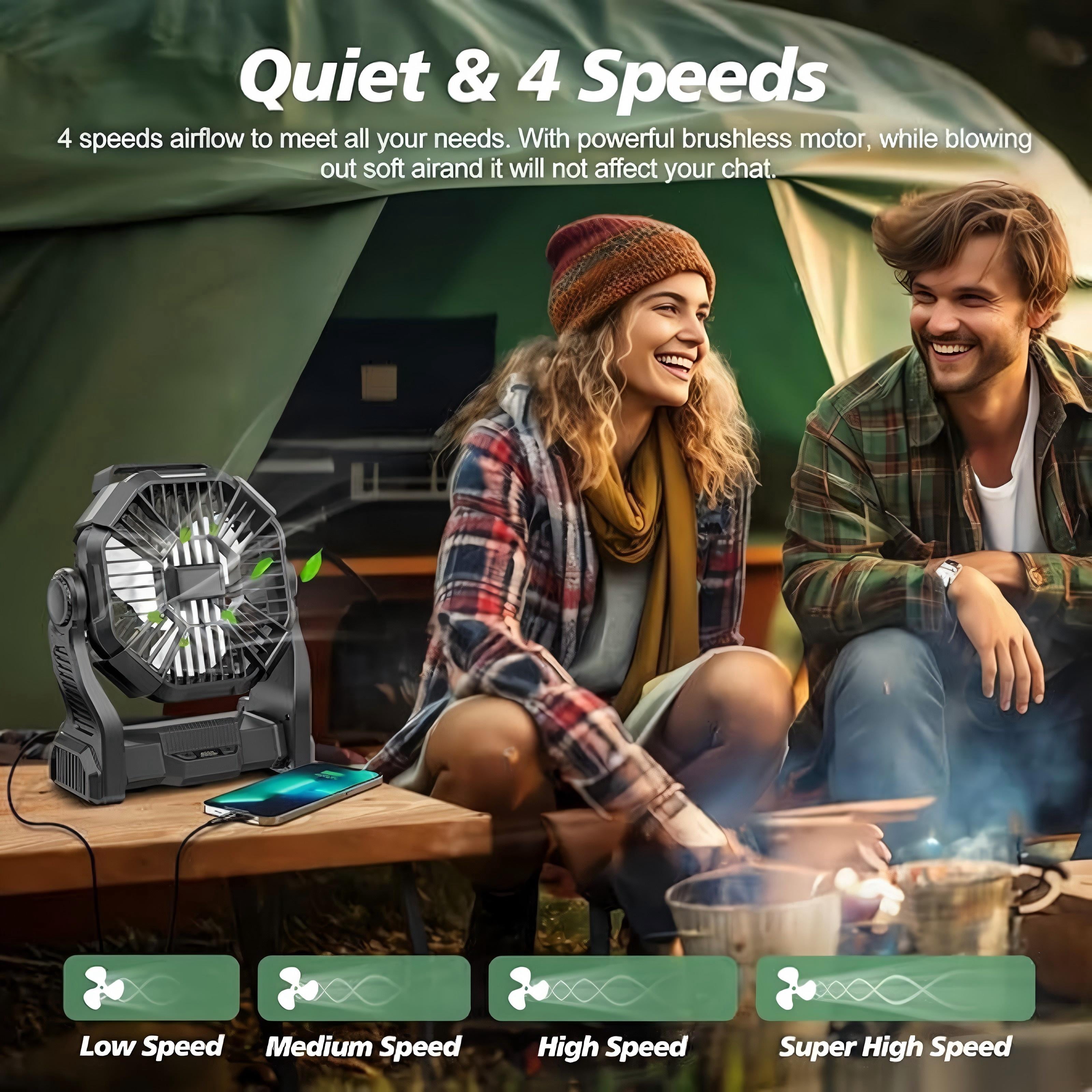 DKTIOP Camping Fan with LED Lantern, 20000mAh Portable Battery Operated Outdoor Fan, Personal Rechargeable Desk Fan for Travel, Hiking, Fishing, Picnic, Black