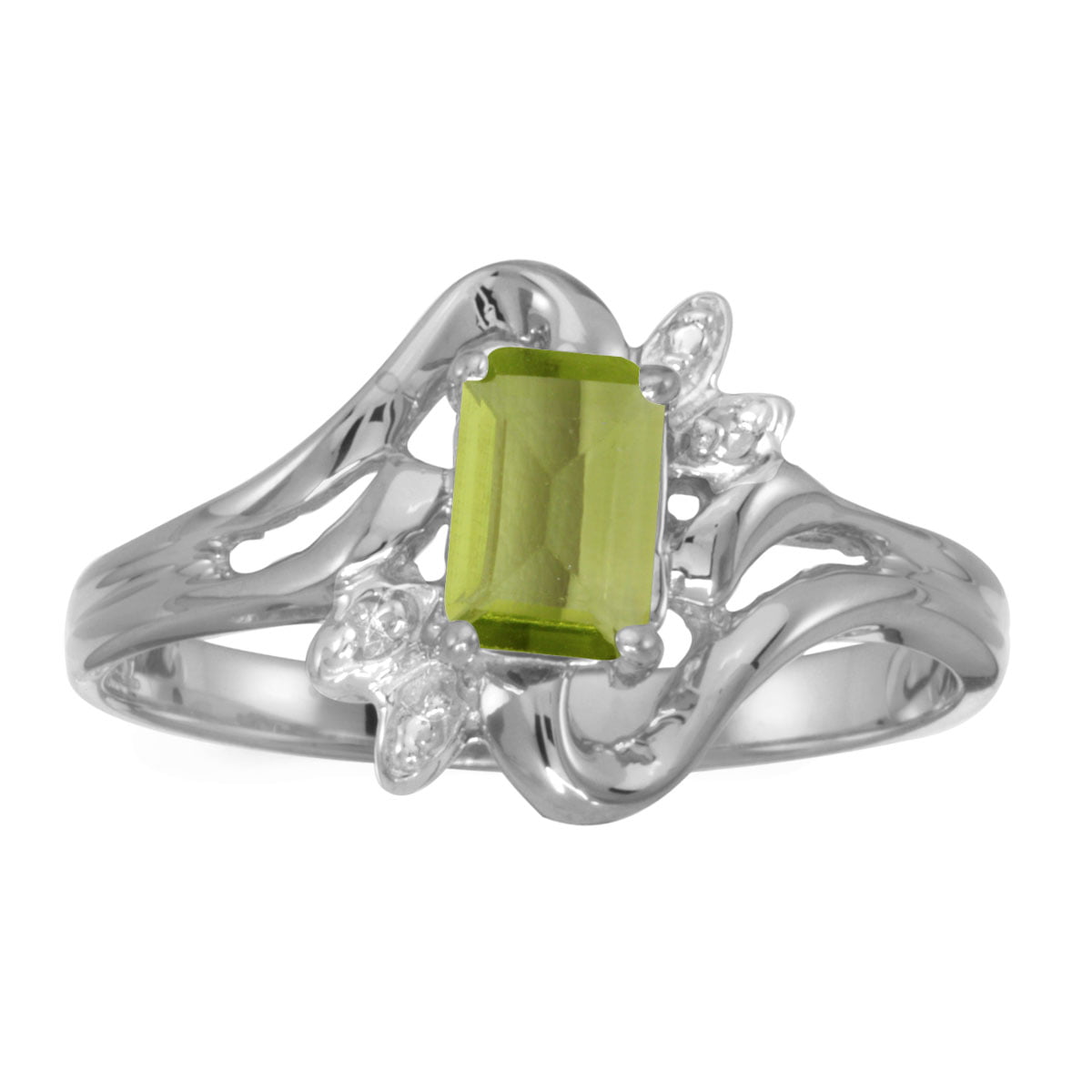 10k White Gold Emerald-cut Peridot And Diamond Ring