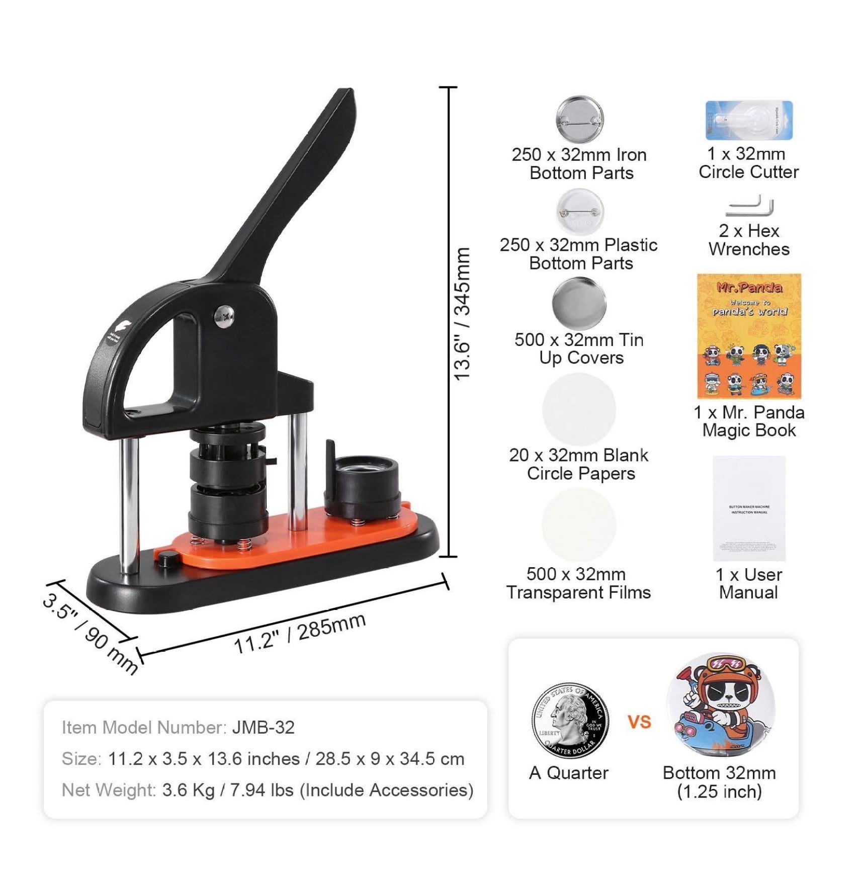 Button Maker 1.25 Inch - 32mm Pin Making Kit with 500 Parts, Ergonomic Handle - DIY Badge Machine for Kids Crafts, Gifts, Christmas Projects