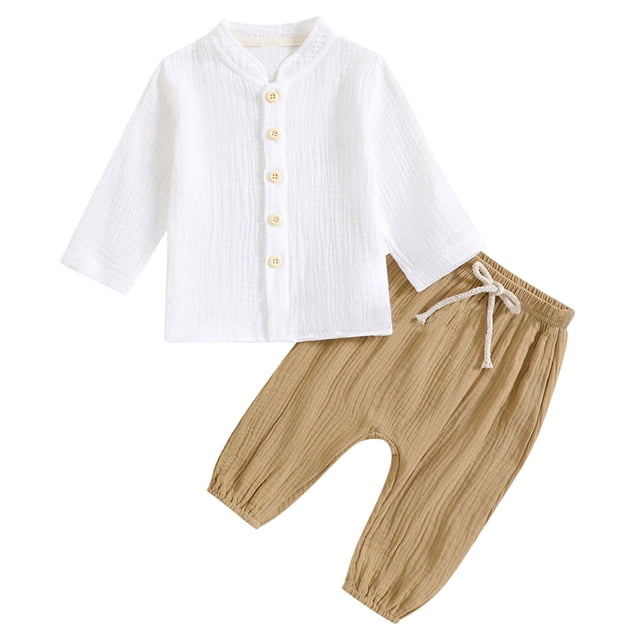 Conjuntos de blusas y camisas de cuello redondo y manga larga para niños y niñas, conjunto informal de dos piezas con botones de color liso, conjunto de top/camisa de cuello redondo y manga larga, con
