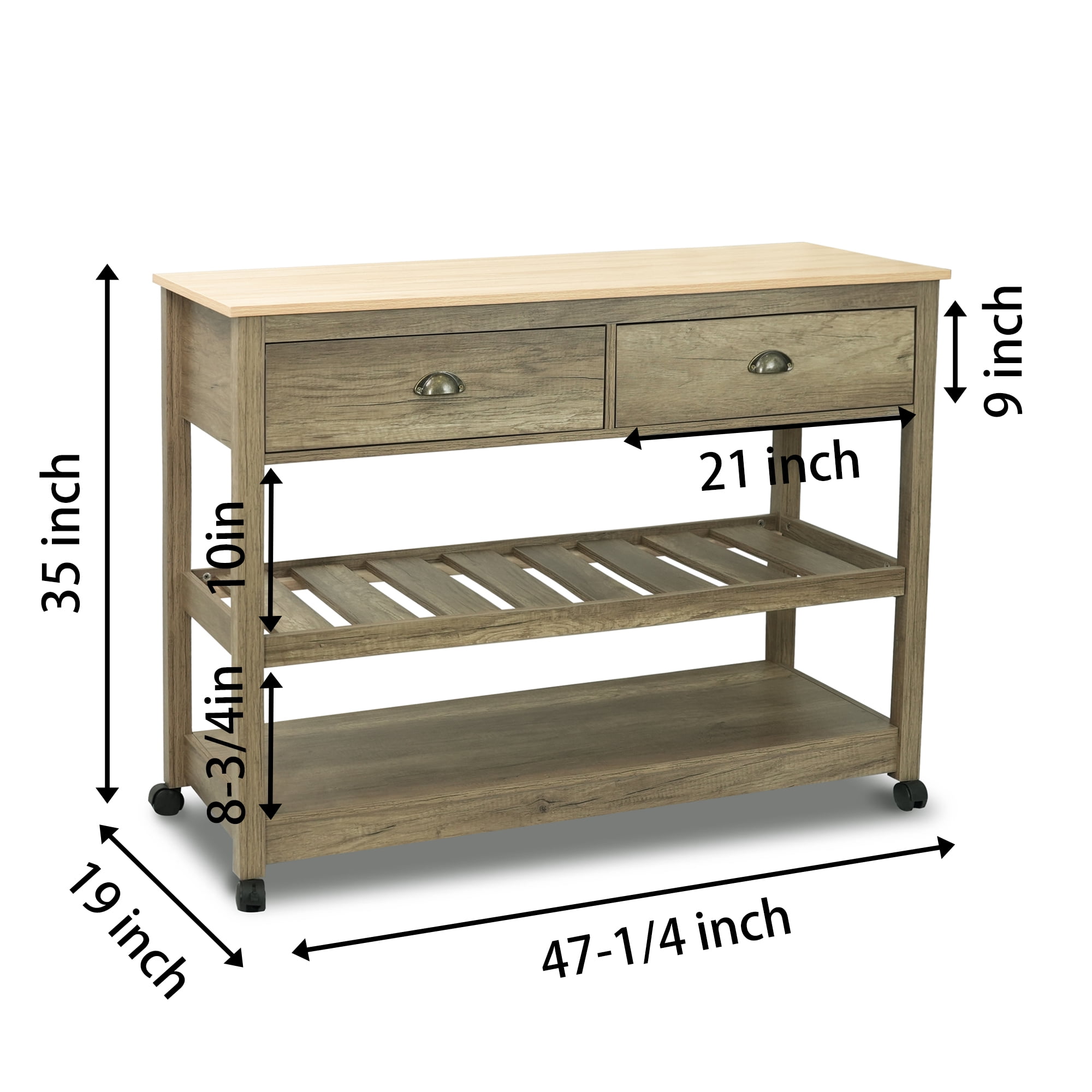 CONSDAN Kitchen Island, Kitchen Cart with Storage, Kitchen Island on Wheels, Kitchen Storage Islands & Carts, Two-Tier Open Shelf Kitchen Island-Natural