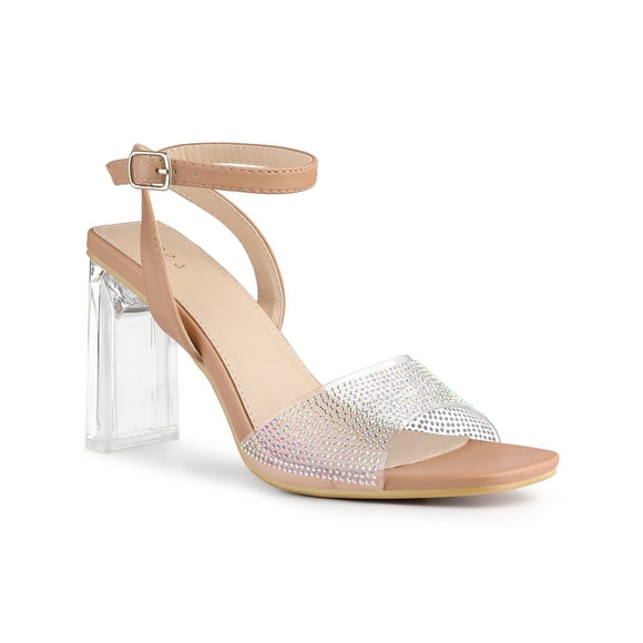 BLISSFUL STEP Women's Rhinestone Clear Block Heeled Ankle Strap Sandals Nude (Size 8)