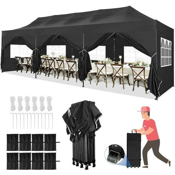 SANOPY 10'x30' Upgrade Pop up Canopy Tent Outdoor Easy Set-up Instant Tent Heavy Duty Commercia Wedding Party Tents, 8 Removable Sidewalls, Roller Bags, 8 Sandbags Gazebo Shelter(Black)