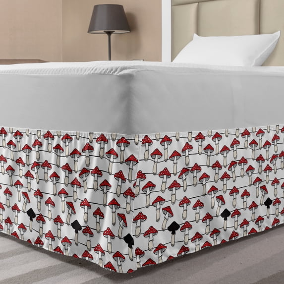 Mushroom Bed Skirt, Toadstool Mushrooms with Polka Dots on Lines Doodle Style Nature, Elastic Bedskirt Dust Ruffle Wrap Around for Bedding Decor, 4 Sizes, Vermilion White, by Ambesonne