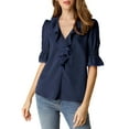 thumbnail image 3 of Unique Bargains Women's Ruffle V Neck Half Bell Sleeve Casual Chiffon Top XL Navy Blue, 3 of 8