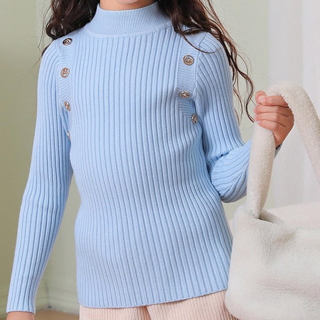 LWFFDAW Girl's Mock Turtleneck Tops Solid Color Ribbed Knit Long Sleeve Shirts Soft Stretch Slim Fitted Tops Trendy Button Pullover Tops Light Blue Size 130
