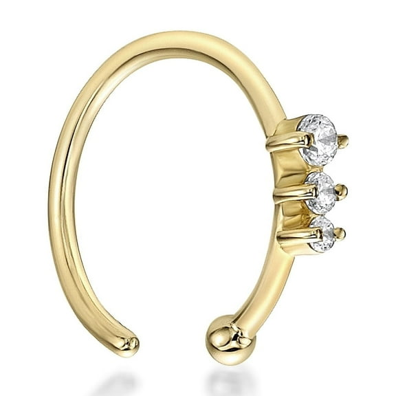 20 Gauge Hoop 14K Yellow Gold Three Stone Cubic Zirconia Open 8 MM Hoop Nose Ring
