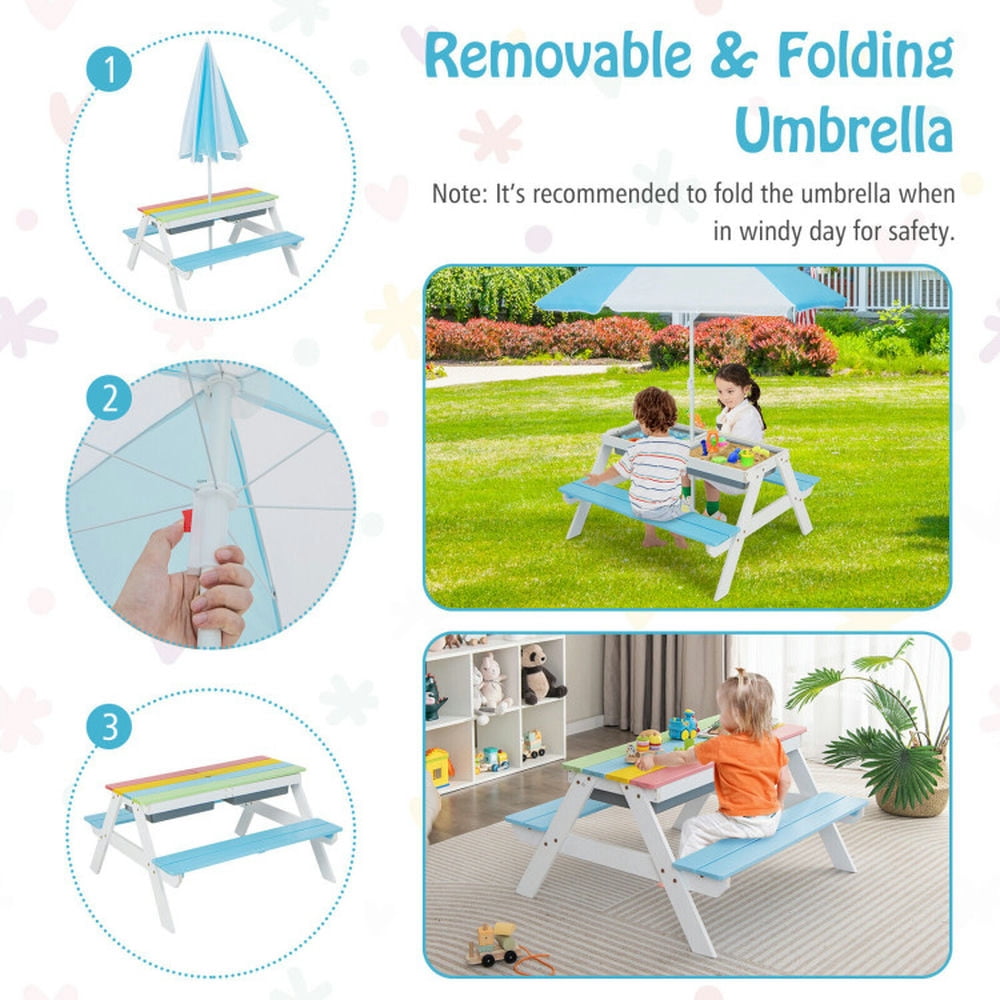 Topcobe 3-in-1 Kids Outdoor Picnic Water Sand Table with Umbrella Play Boxes, Kids Patio Furniture for Backyard, Garden-Blue