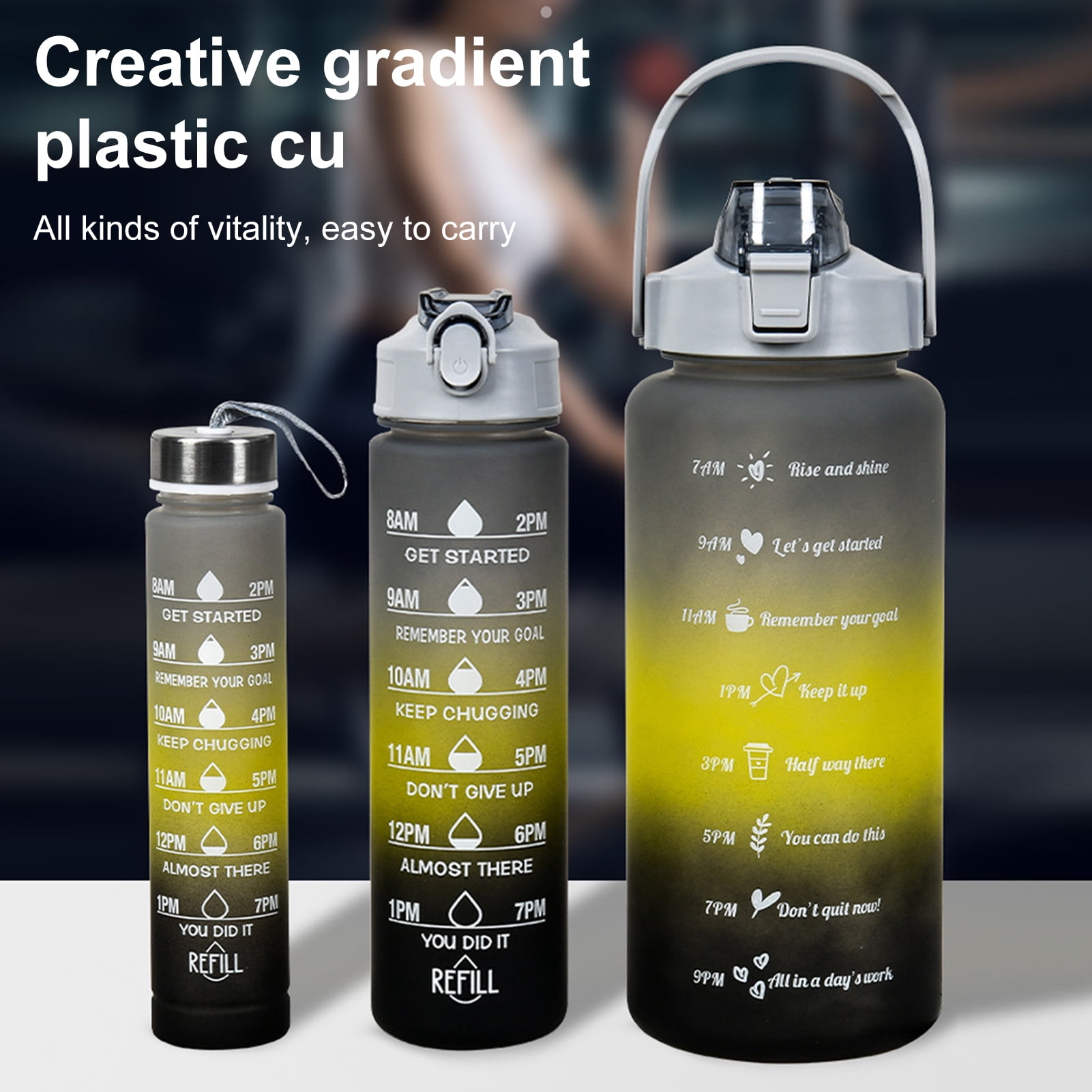 OIUR 3Pcs Silicone Straw Water Bottles Leakproof BPA Free Gradient Design 9/25/64oz Reusable Water Bottle with Time Markers for Gym Hiking