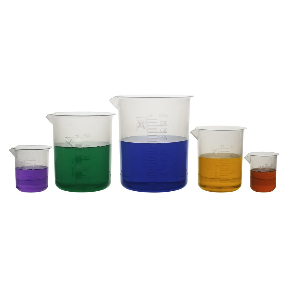 Laboratory Plastic Beaker Set of 5, Made of Premium Polypropylene with Raised Graduations 50mL