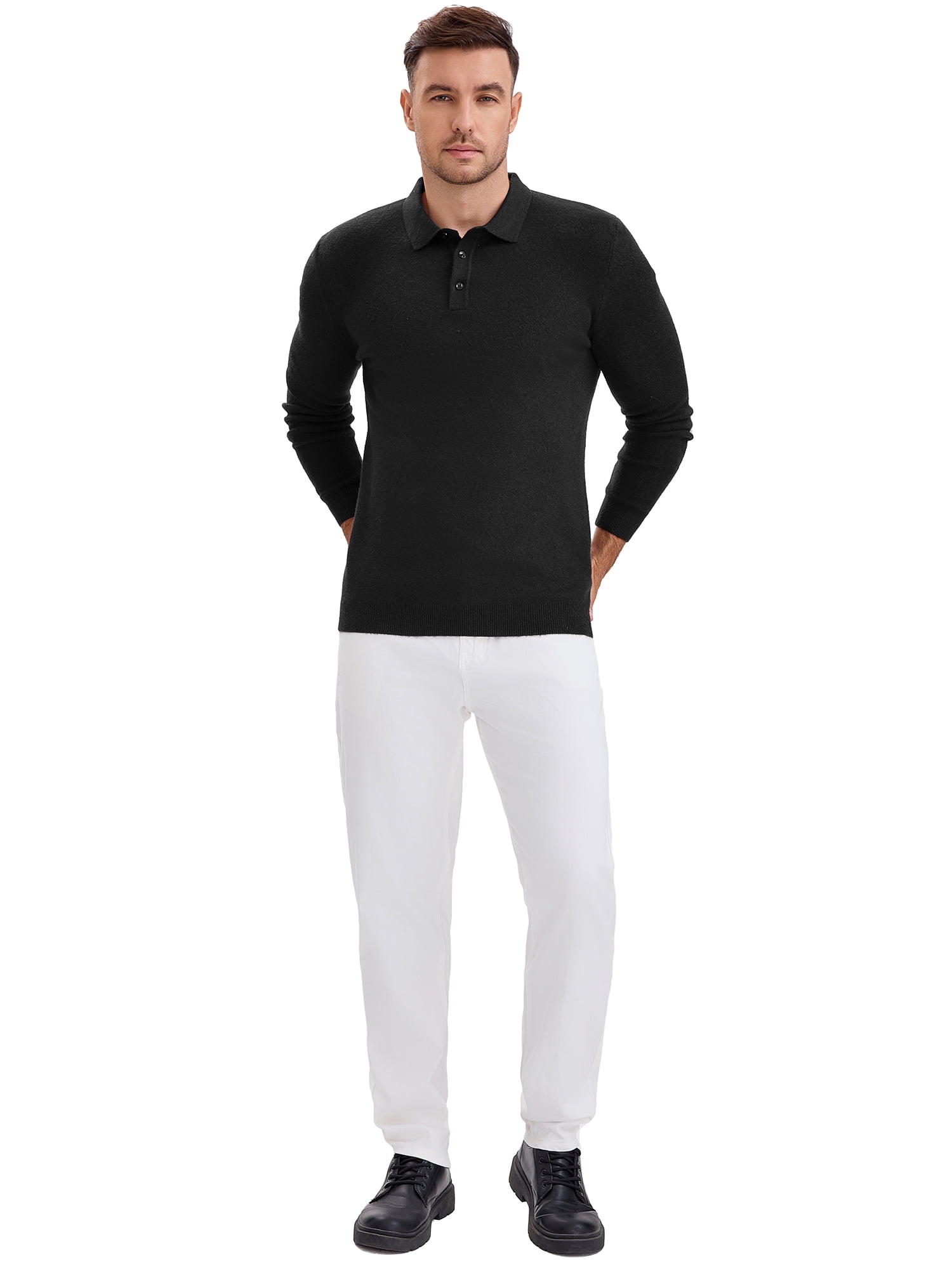 DARING DIVA Men's Long Sleeve Pullover Business Knitted Polo Shirt S Black