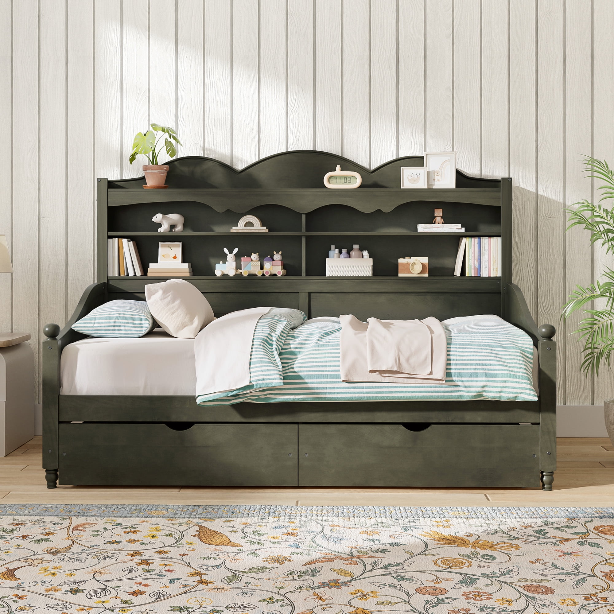 Euroco Wood Twin Size Daybed with Drawers, Captain Bed with Shelves, Antique Grey