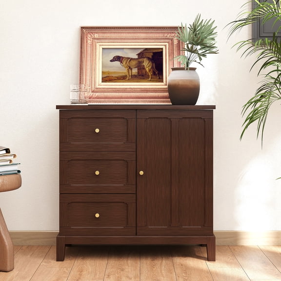 MROJISC Buffet Sideboard, 3-Drawer and Door Accent Cabinet, Solid Wood Legs for Kitchen, Living Room, Brown