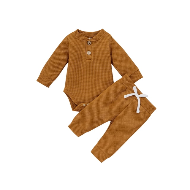 Gupgi Ensemble 2 Pcs pour Tout-Petit, Barboteuse à Manches Longues à Col Henley + Pantalon Décontracté
