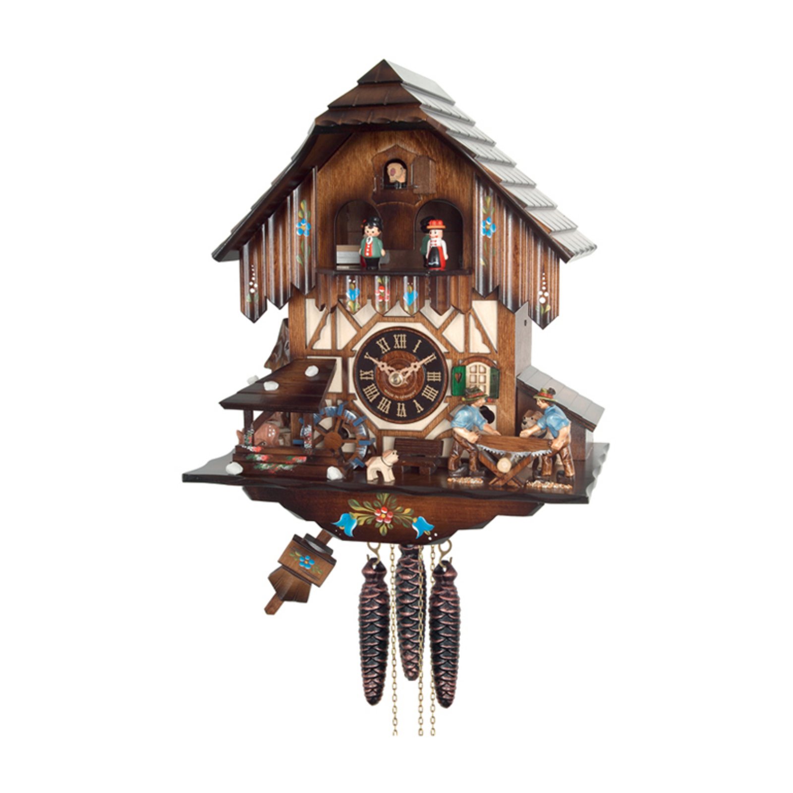 One Day Musical Cuckoo Clock with Men Sawing Wood, Waterwheel, and