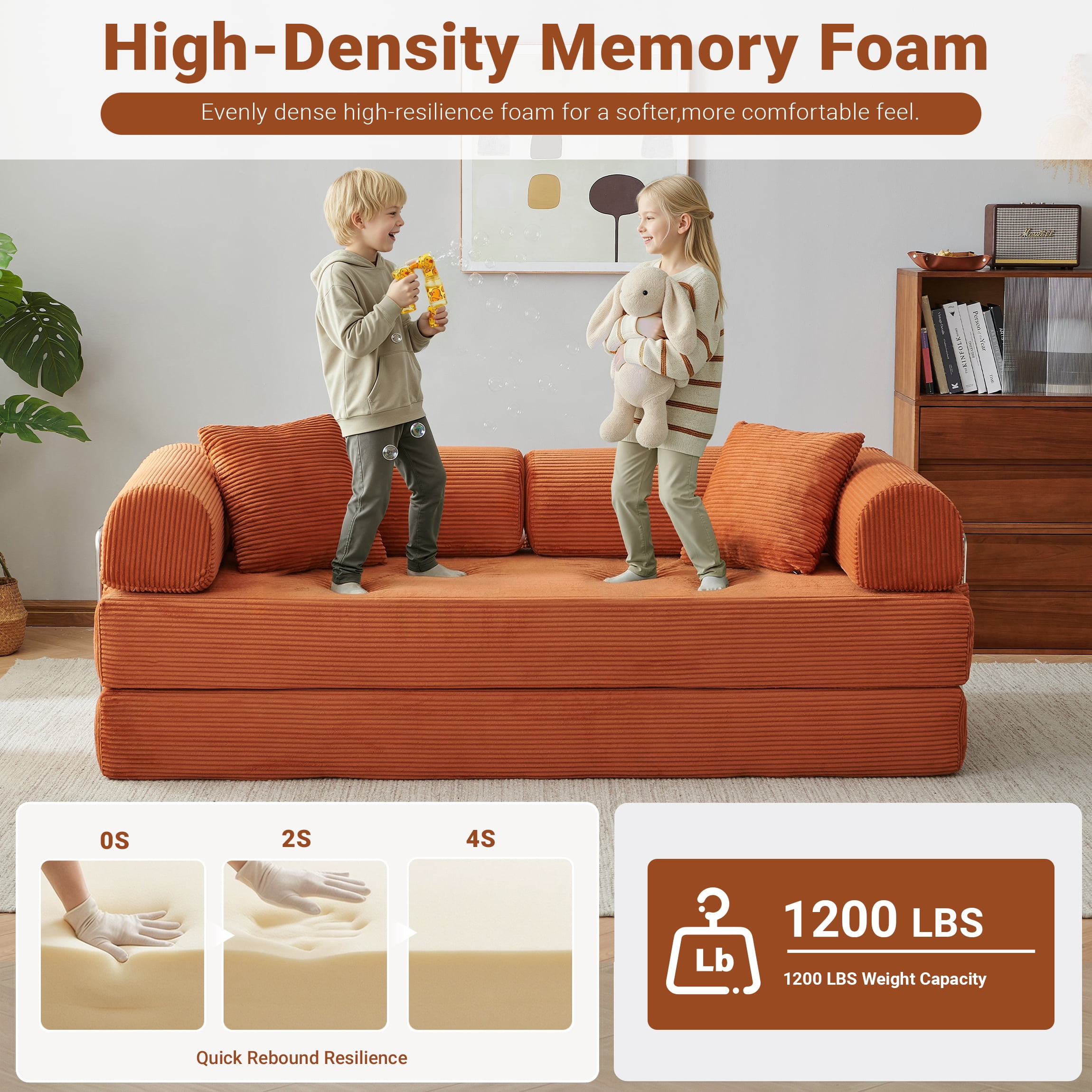 Vanress 78" Convertible Sofa Bed, Folding Sleeper Sofa Couch Bed with Fixed-Shape Frame, Pull-Out Sleeper Loveseat, Corduroy Boneless Futon Bed, No Assembly Required for Living Room & Bedroom, Orang