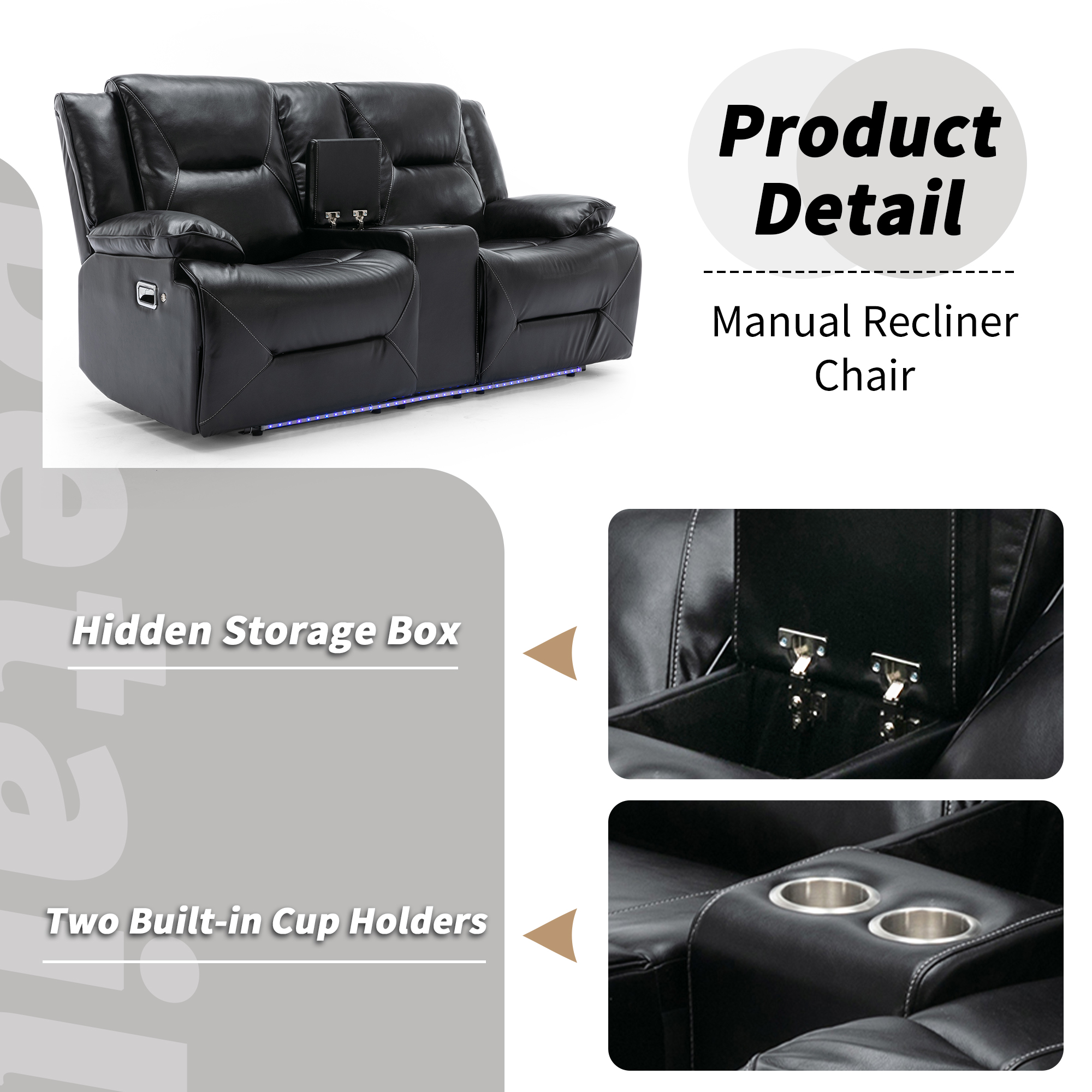 Euroco 2 Seater Home Theater Recliner Manual Recliner Chair with a LED Light Strip Two Cup Holders and a Storage Box for Living Room,Bedroom, Black